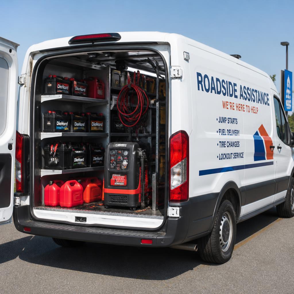 N'brothers service van stocked with batteries, fuel cans, and jump-start equipment
