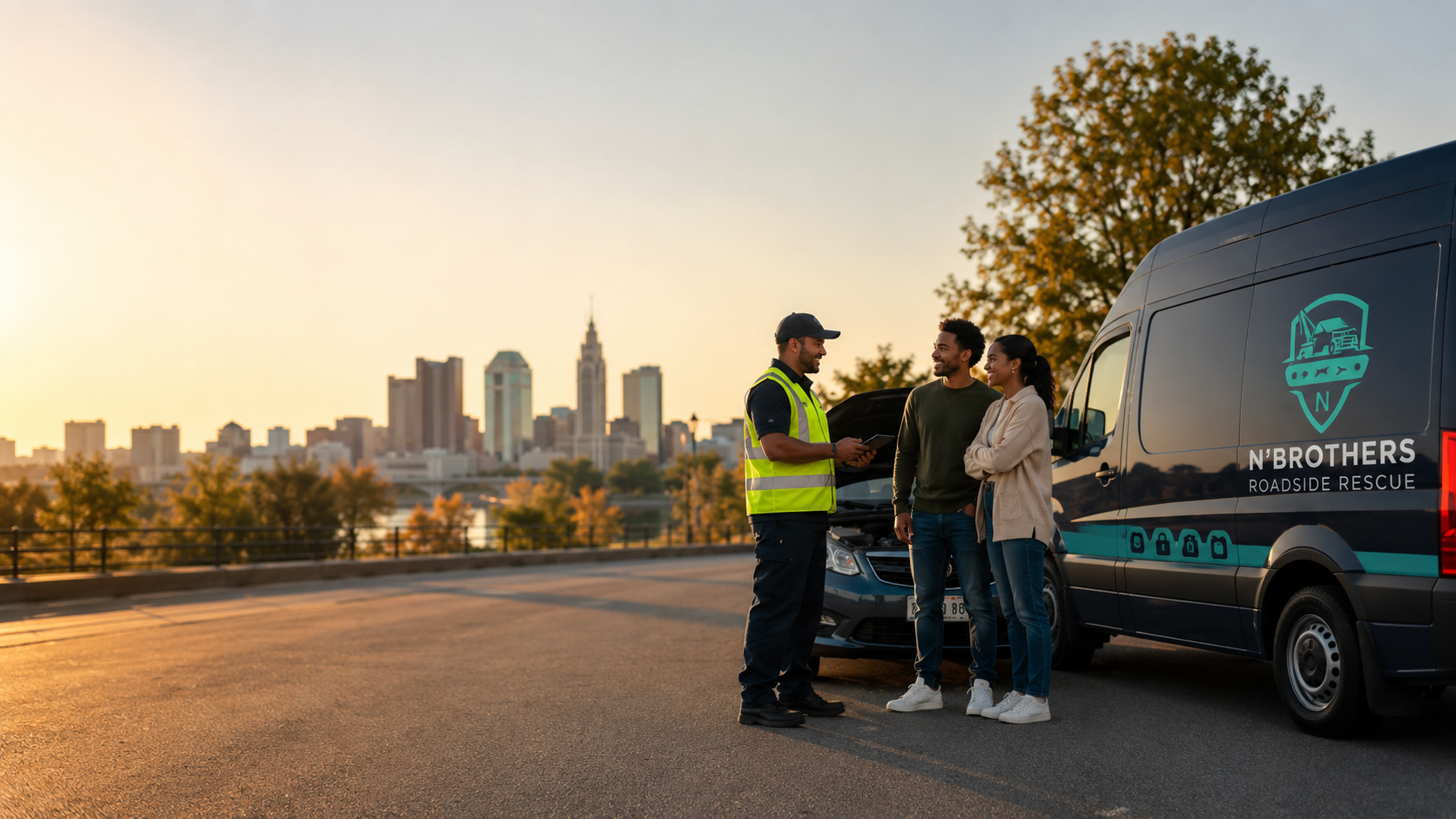 N'brothers Roadside Rescue service van on a Columbus highway at sunset