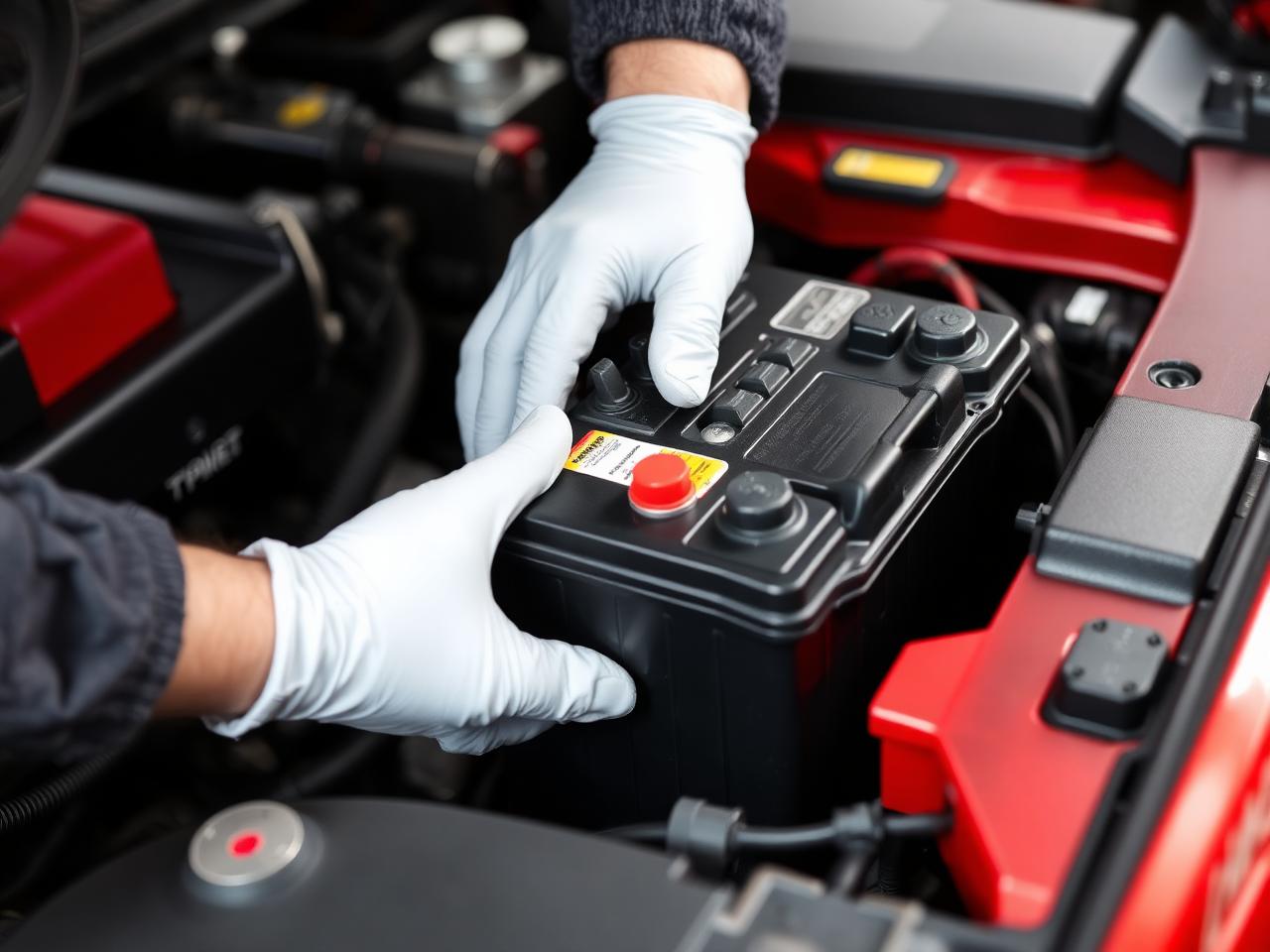 Technician installing a fresh car battery on-site