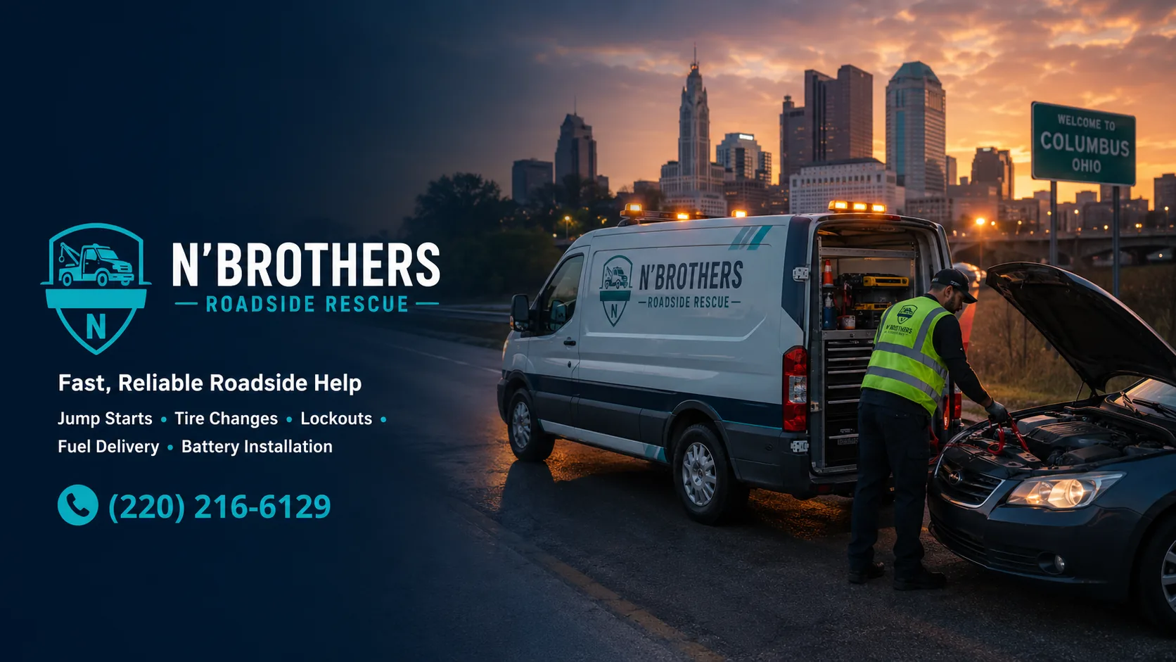 N'brothers technician giving a battery jump-start to a stranded car in Columbus