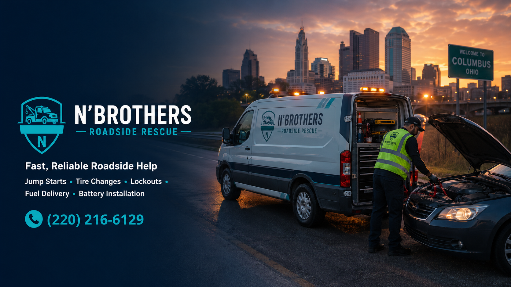 N'brothers technician giving a battery jump-start to a stranded car in Columbus