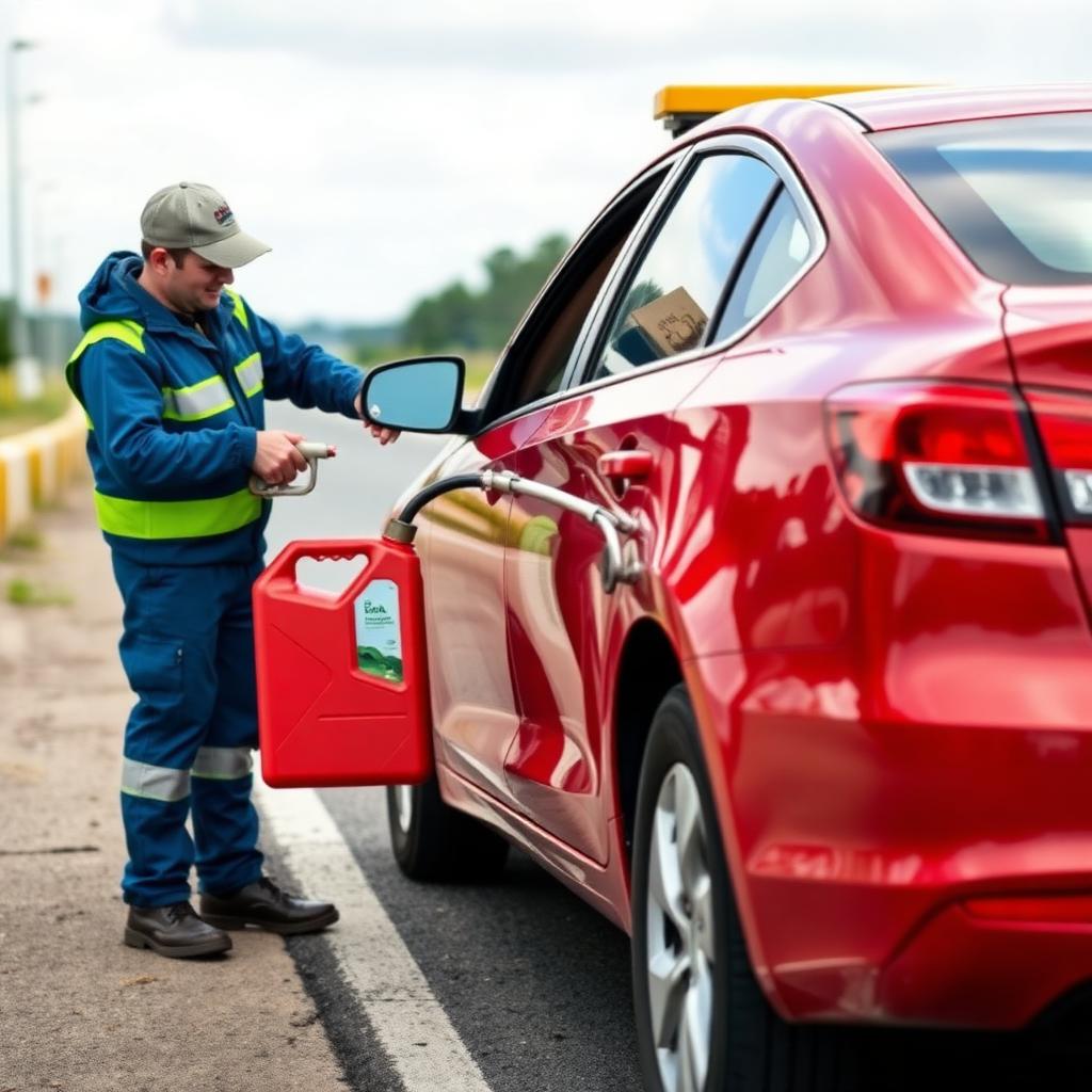 Roadside technician delivering fuel to a stranded car