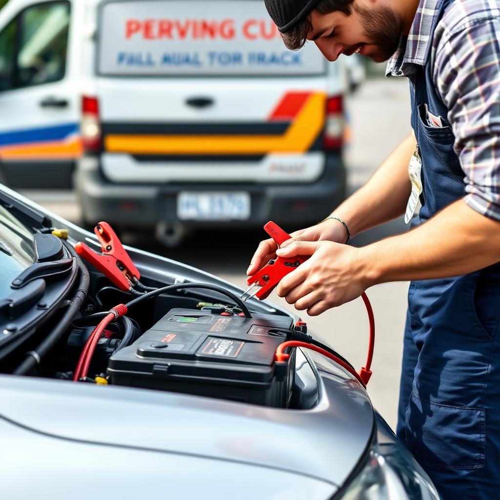 Roadside technician jump-starting a car battery