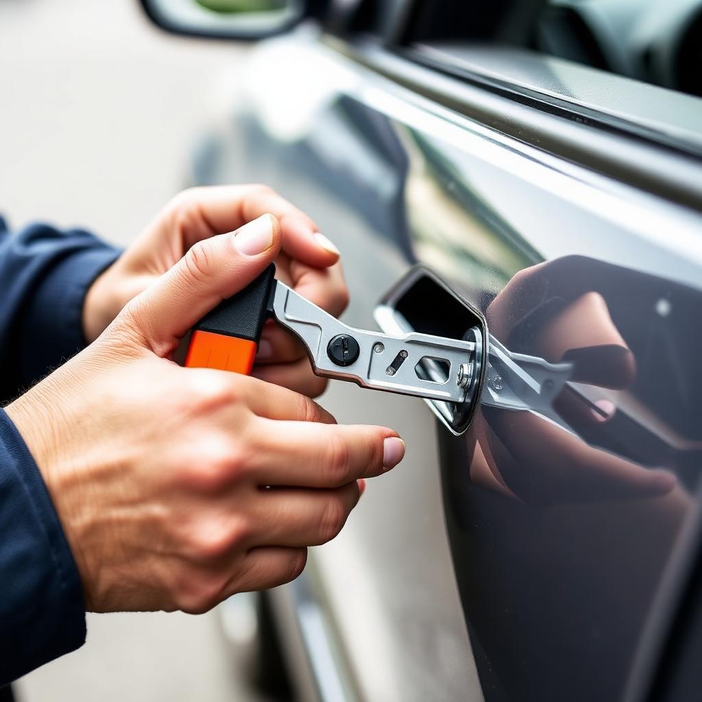 Technician using non-destructive tools to unlock a car door