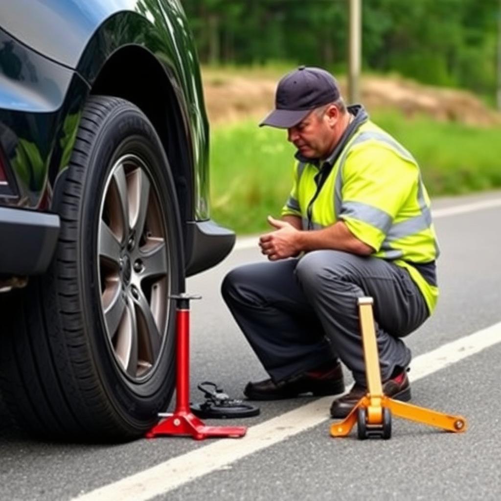 Roadside technician changing a flat tire with a jack